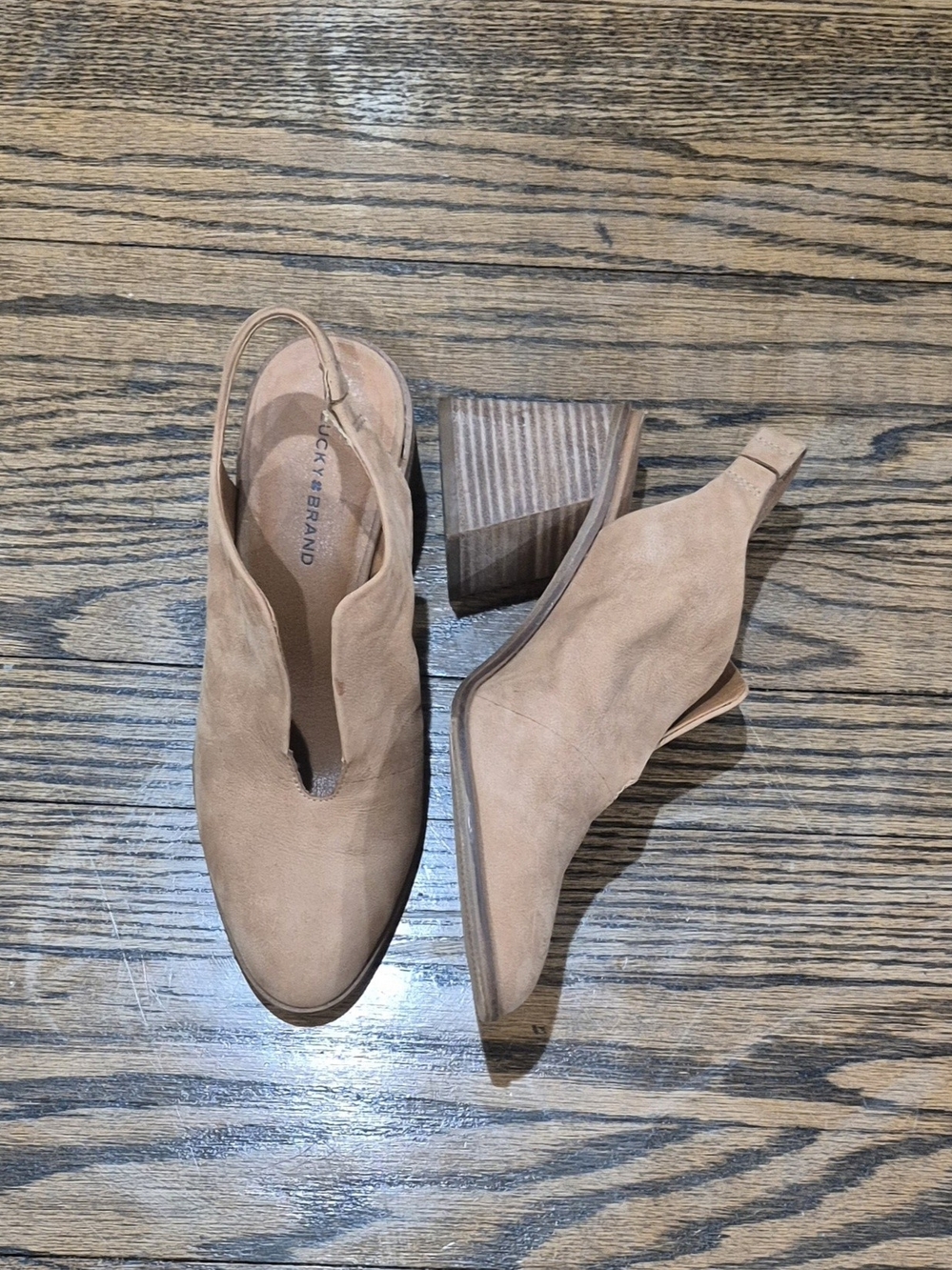 Lucky Brand Women's Tan Suede Slingback Block Heel Booties